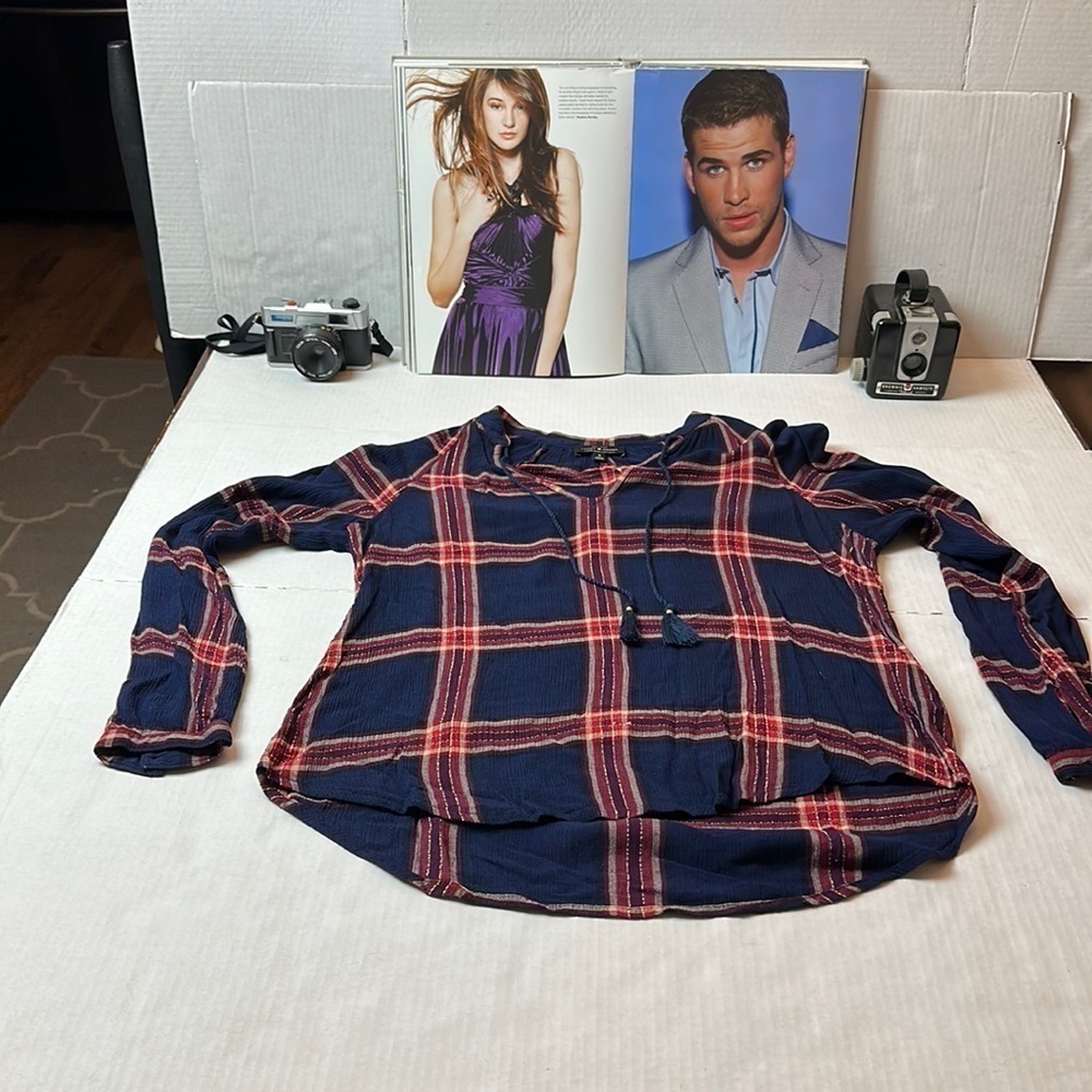 Lucky Brand Small Plaid Tassel Tie Peasant Blouse Navy Red Boho
